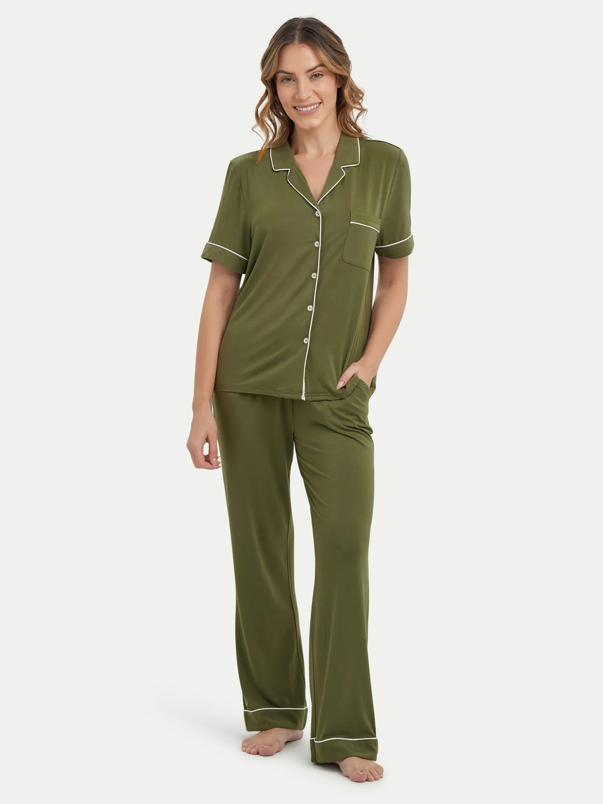 Short Sleeve Bamboo Pajama Set with Pants - Image 78