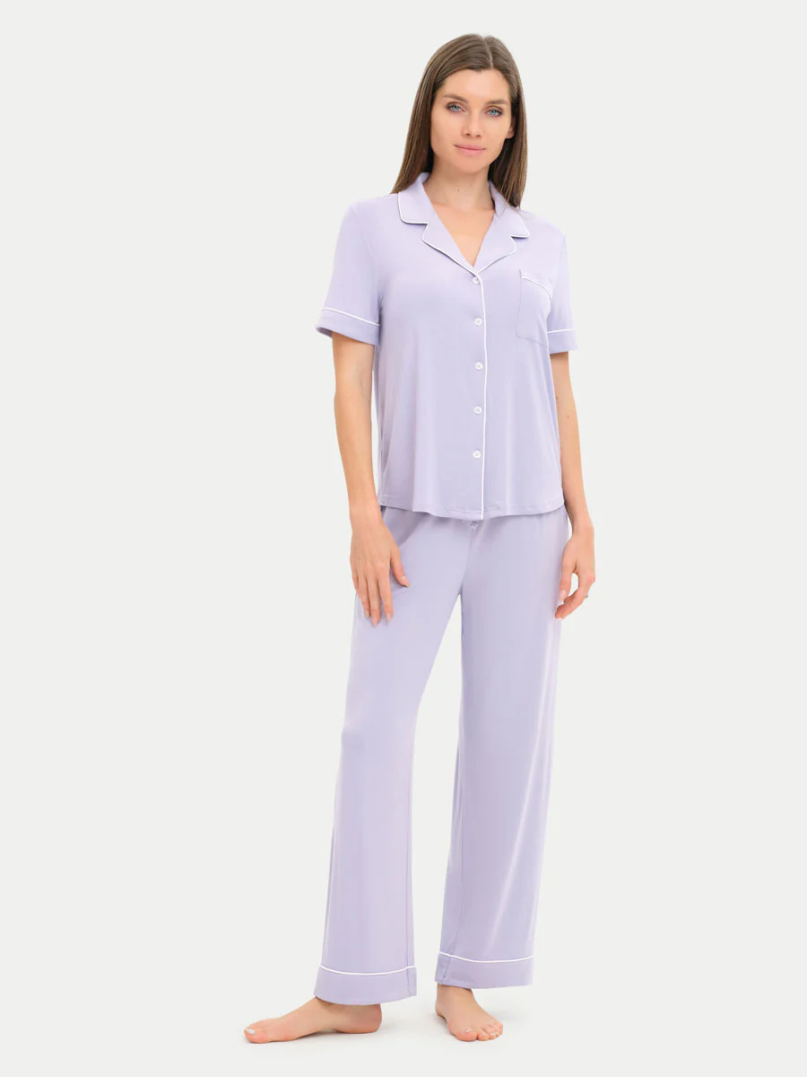 Short Sleeve Bamboo Pajama Set with Pants - Image 84